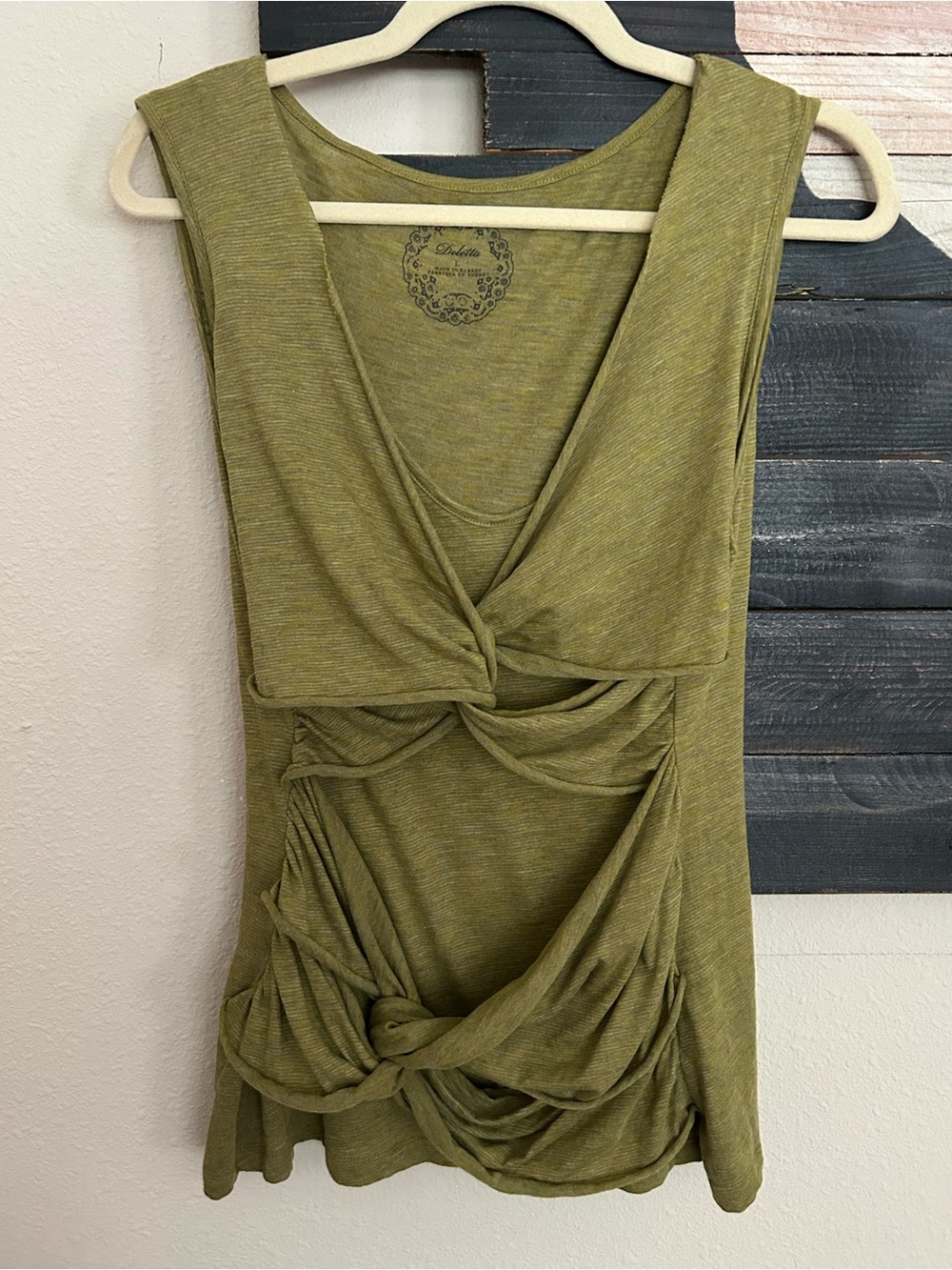 Anthropologie Deletta Olive Green Sleeveless Knit Top Twist Front